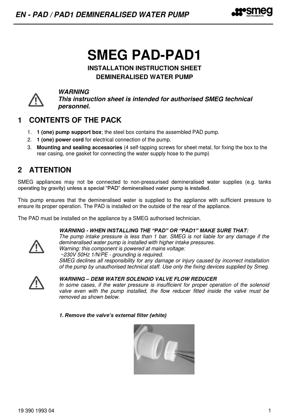 SMEG PAD WATER PUMP INSTALLATION INSTRUCTION SHEET ManualsLib