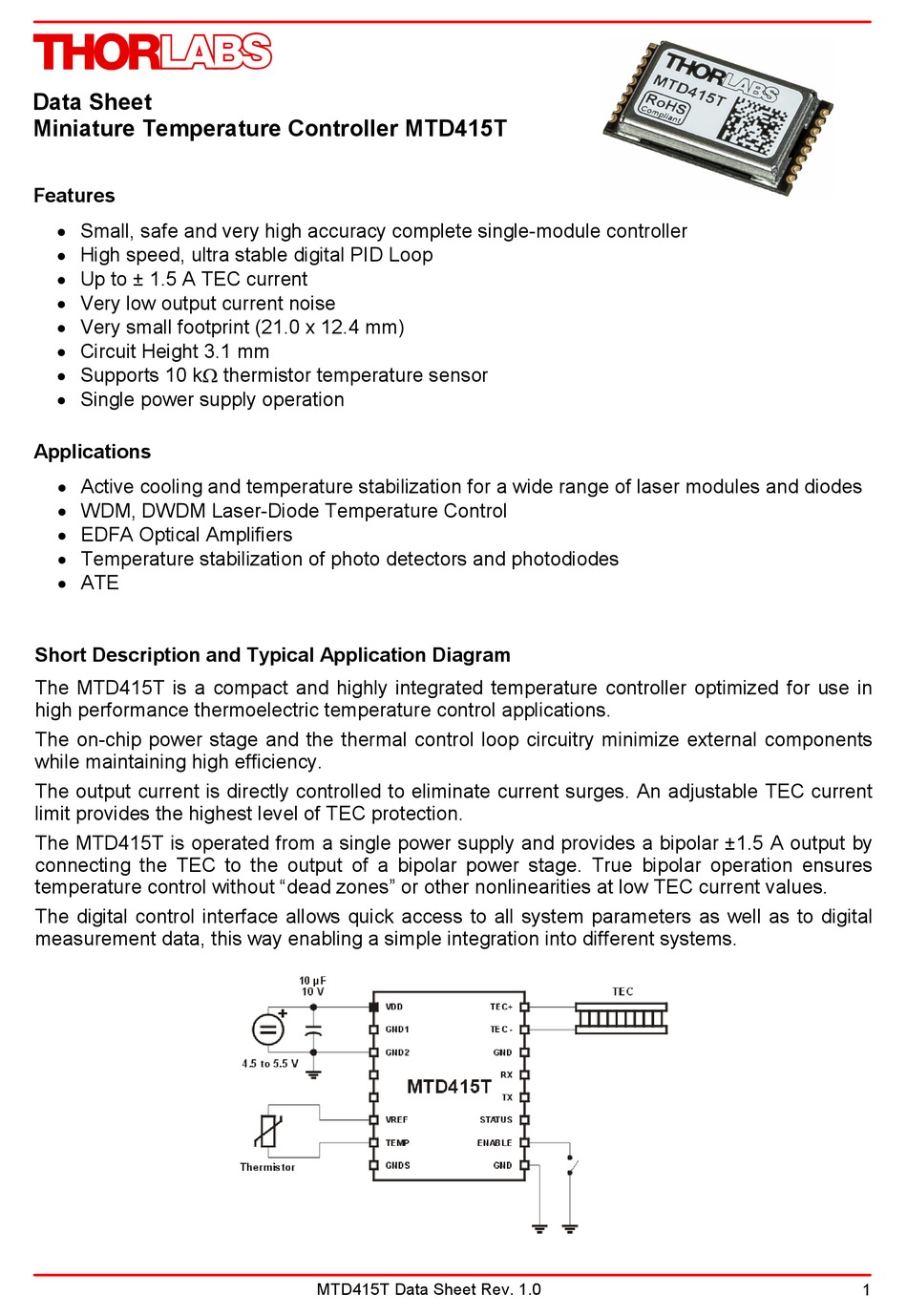 THORLABS MTD415T TEMPERATURE CONTROLLER DATASHEET ManualsLib