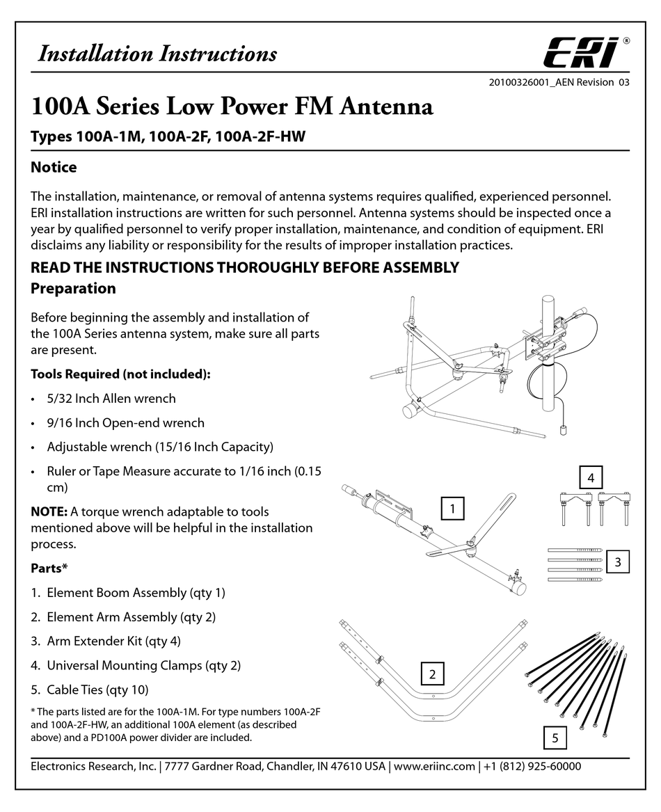 ELECTRONICS RESEARCH, INC. 100A SERIES ANTENNA INSTALLATION