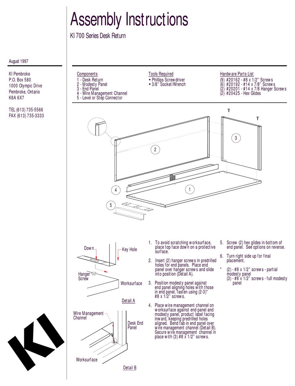KI 700 SERIES INDOOR FURNISHING ASSEMBLY INSTRUCTIONS ManualsLib