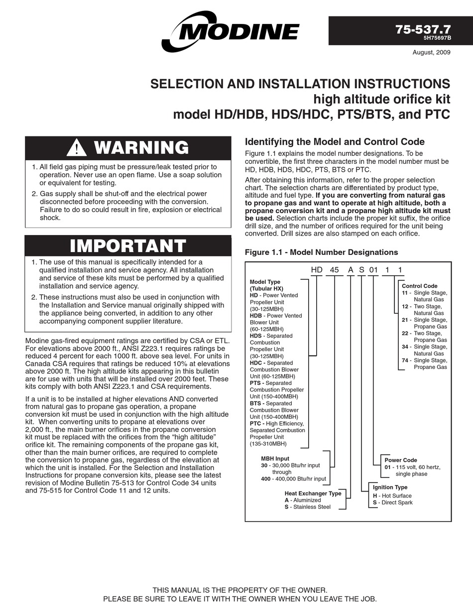 MODINE MANUFACTURING HD45 HEATING SYSTEM SELECTION AND INSTALLATION  INSTRUCTIONS | ManualsLib