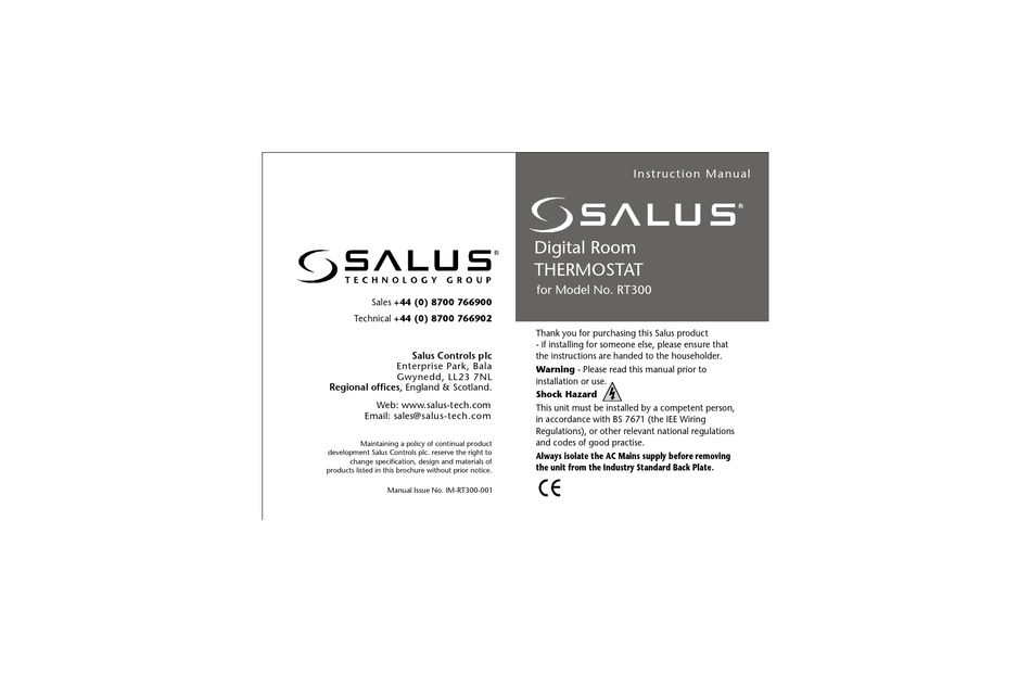 SALUS RT300 THERMOSTAT INSTRUCTION MANUAL | ManualsLib