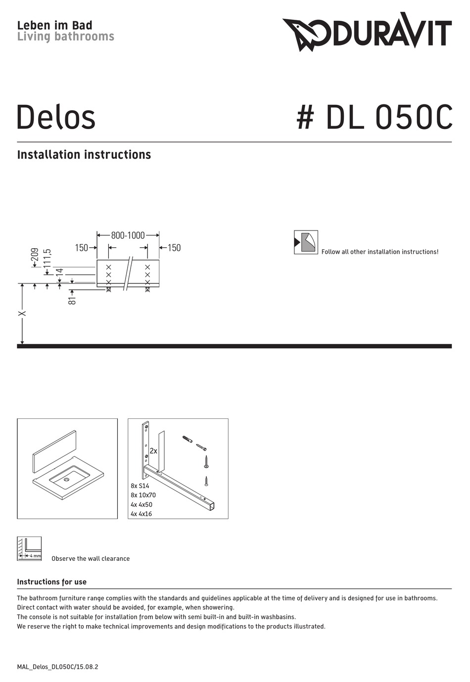 DURAVIT DELOS DL 050C INSTALLATION INSTRUCTIONS MANUAL Pdf Download