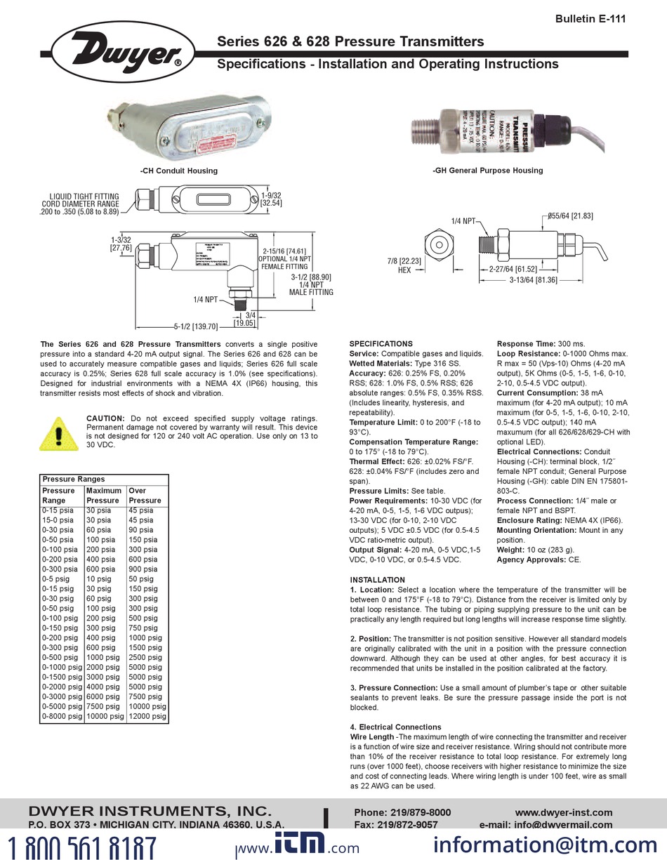 Dwyer Instruments 626 Series Installation And Operating Instructions Pdf Download Manualslib