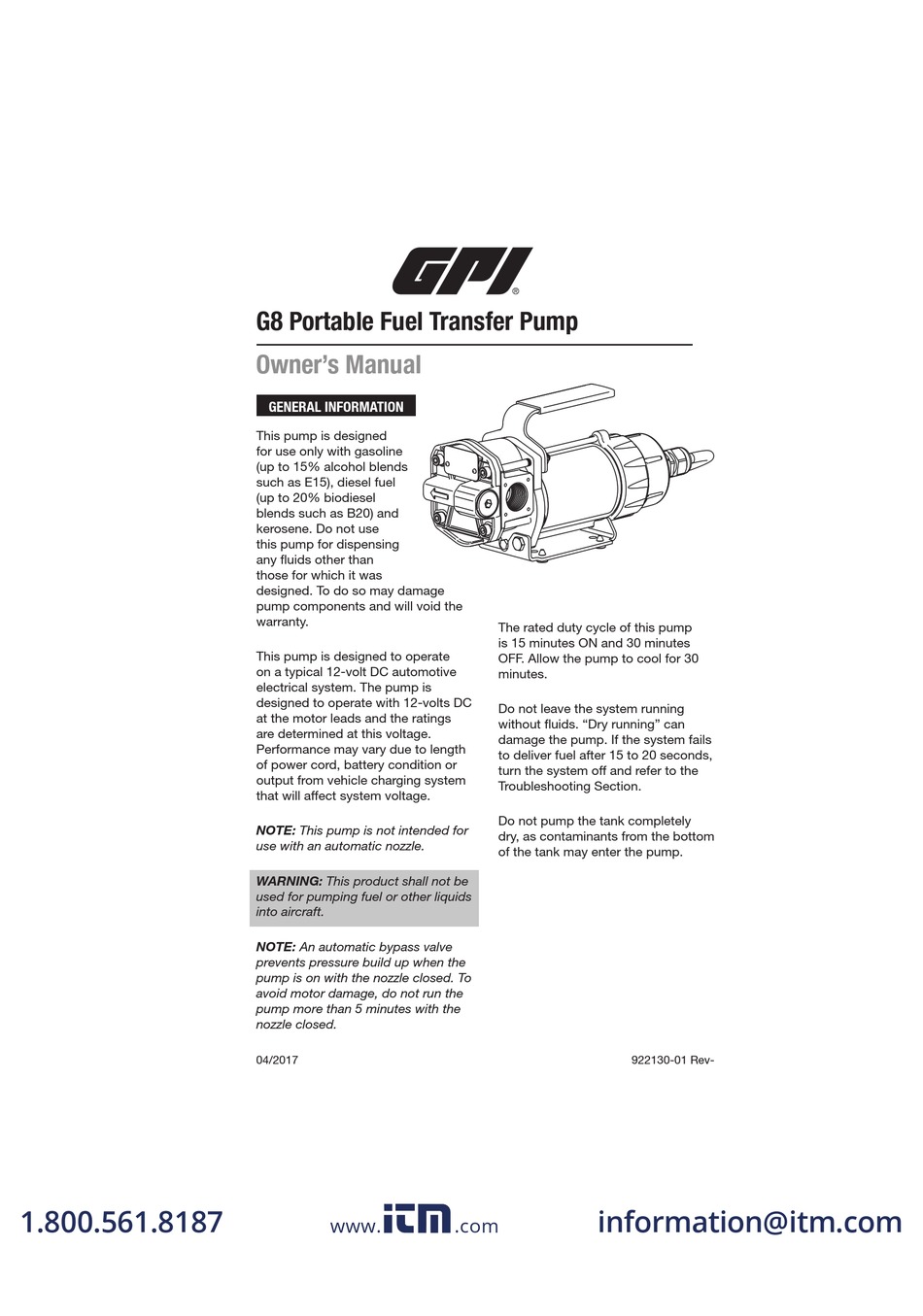 Manuel d'utilisation de la pompe de transfert de carburant portable GPI G8