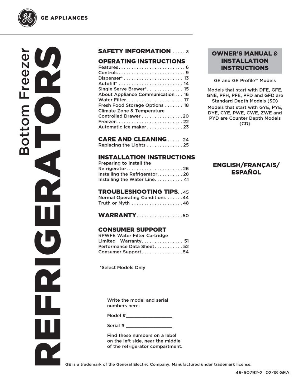 GE DFE SERIES REFRIGERATOR OWNER