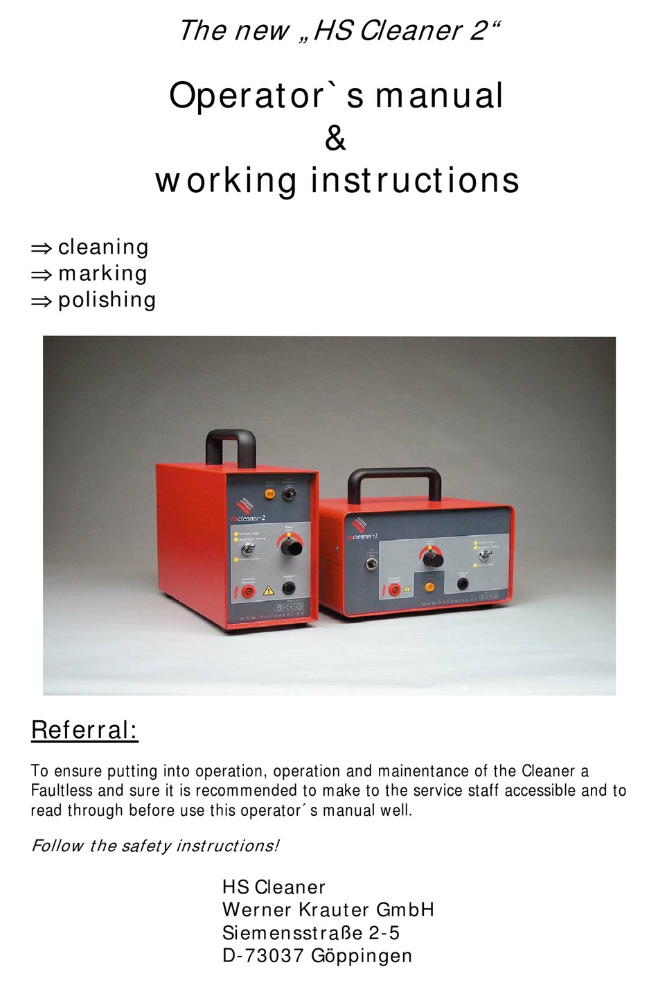 HS CLEANER 2 POWER TOOL OPERATOR'S MANUAL ManualsLib