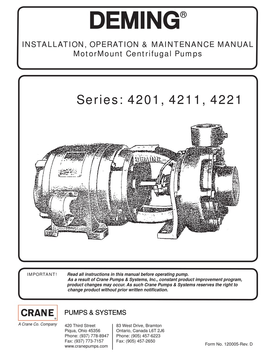 CRANE DEMING 4201 SERIES WATER PUMP INSTALLATION, OPERATION