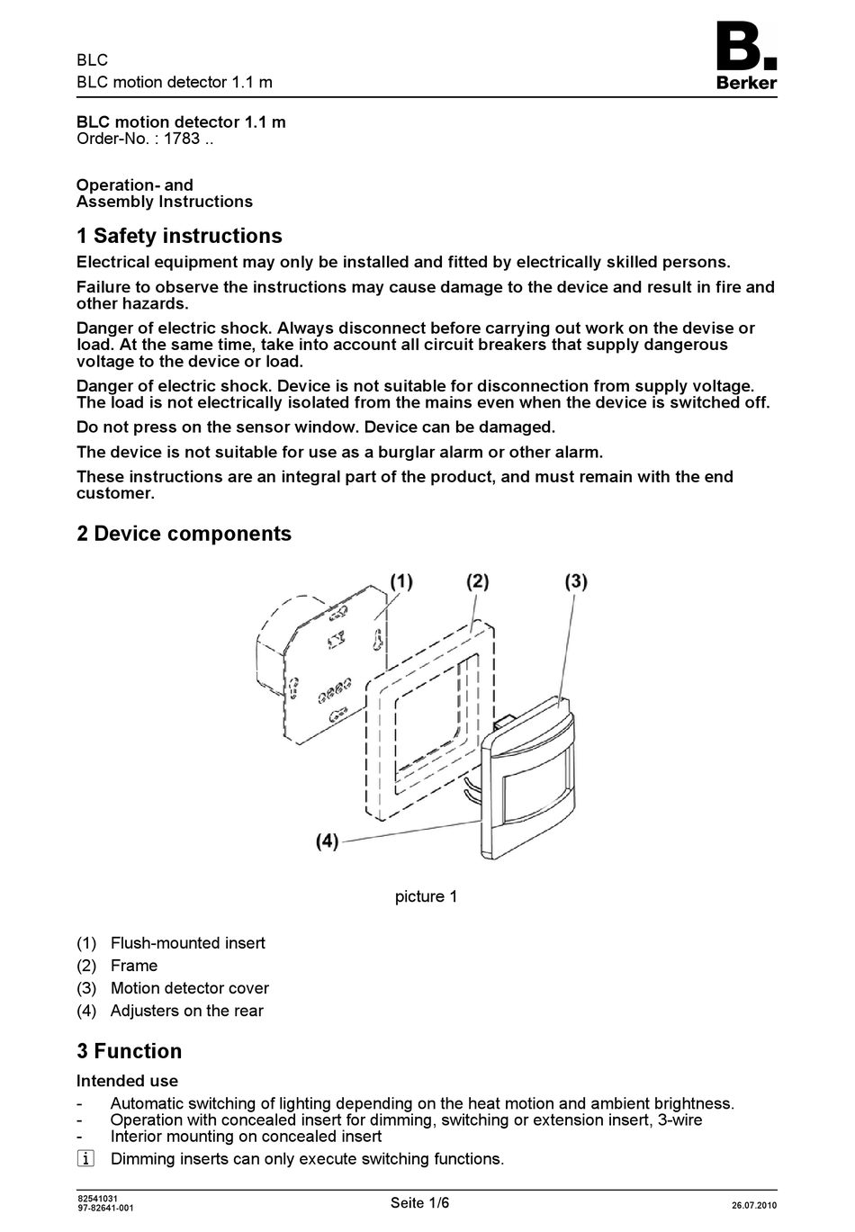 BERKER BLC SECURITY SENSOR OPERATION AND ASSEMBLY INSTRUCTIONS | ManualsLib