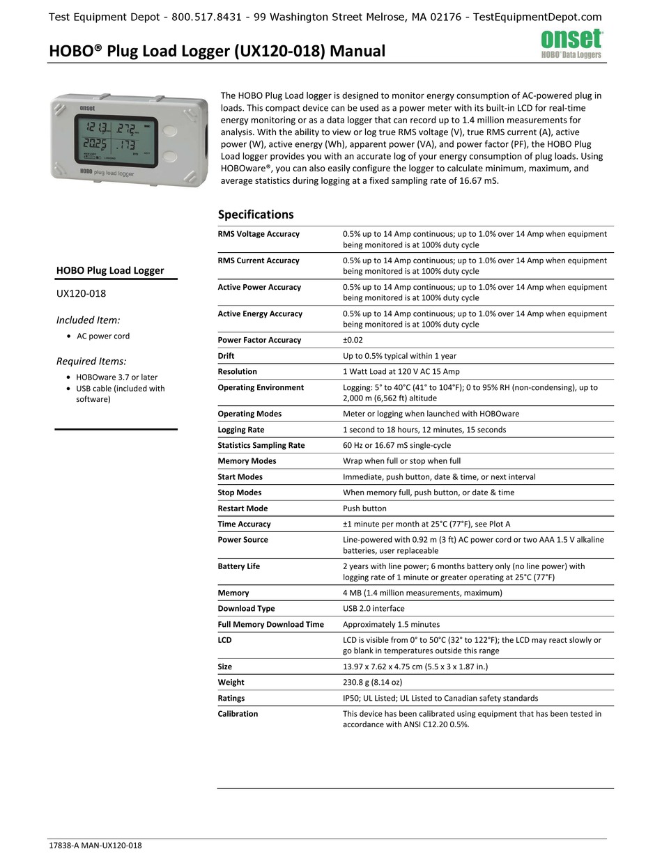 HOBO UX120-018 Plug Load Data Logger Records Power and Energy Consumption