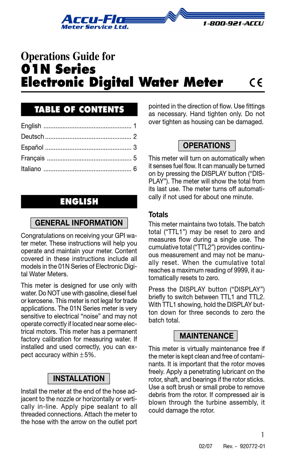 ACCUFLO METER SERVICE LTD. 01N SERIES OPERATION MANUAL Pdf Download