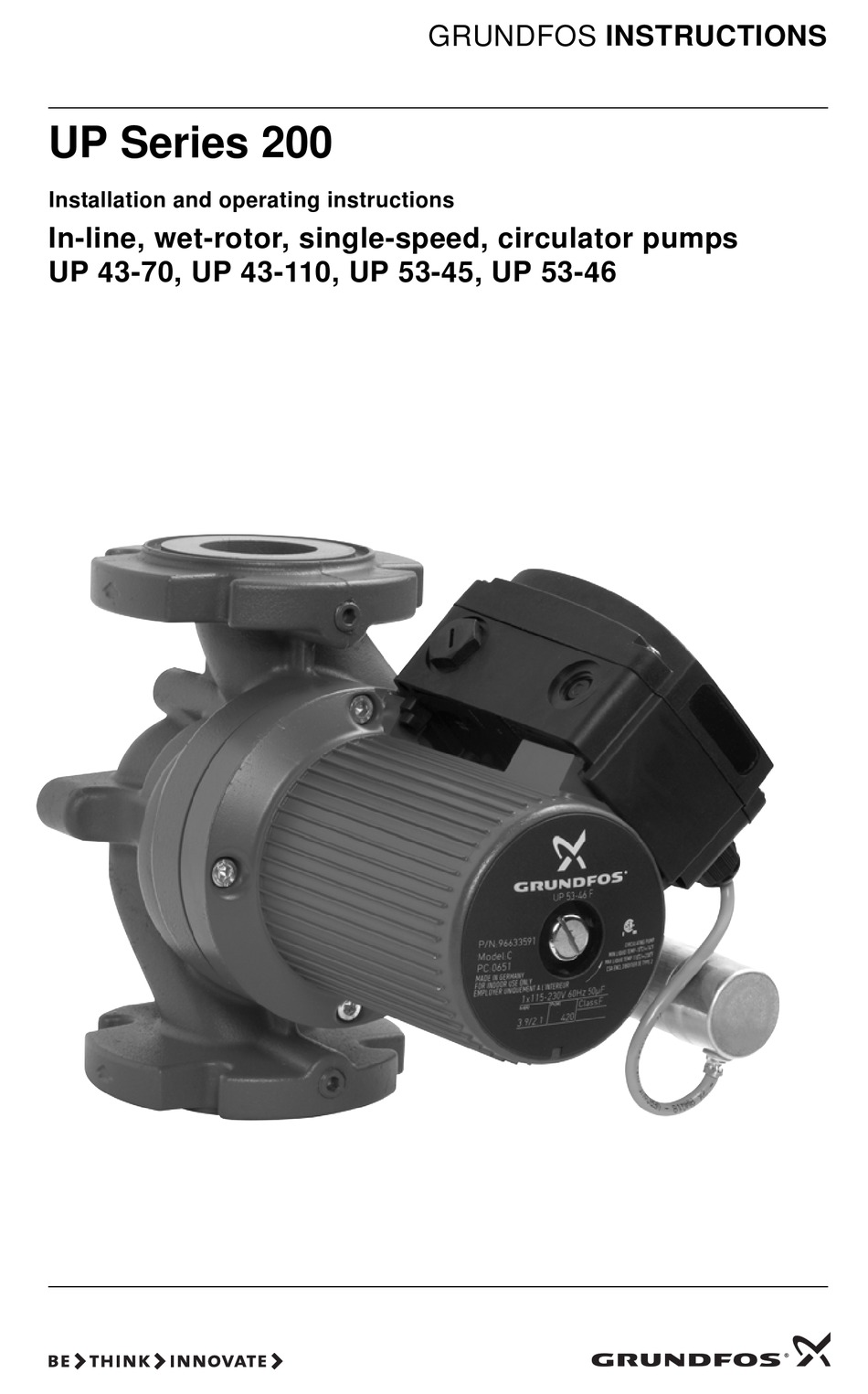 GRUNDFOS UP SERIES 200 WATER PUMP INSTALLATION AND OPERATING INSTRUCTIONS MANUAL ManualsLib