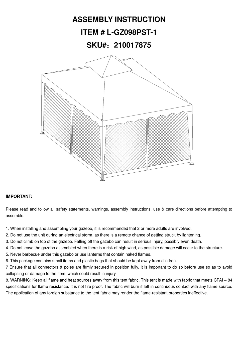 vmi 10x10 gazebo assembly instructions on Sunjoy L Gz098pst 1 Assembly Instructions Pdf Download Manualslib