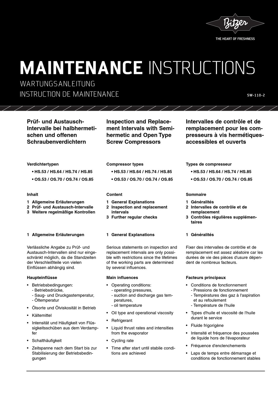 BITZER HS.74 SERIES AIR COMPRESSOR MAINTENANCE INSTRUCTIONS MANUAL