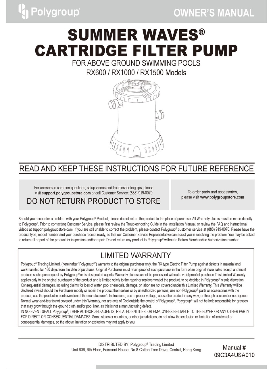 Summer Waves Rx1000 Water Pump Owner S Manual Manualslib