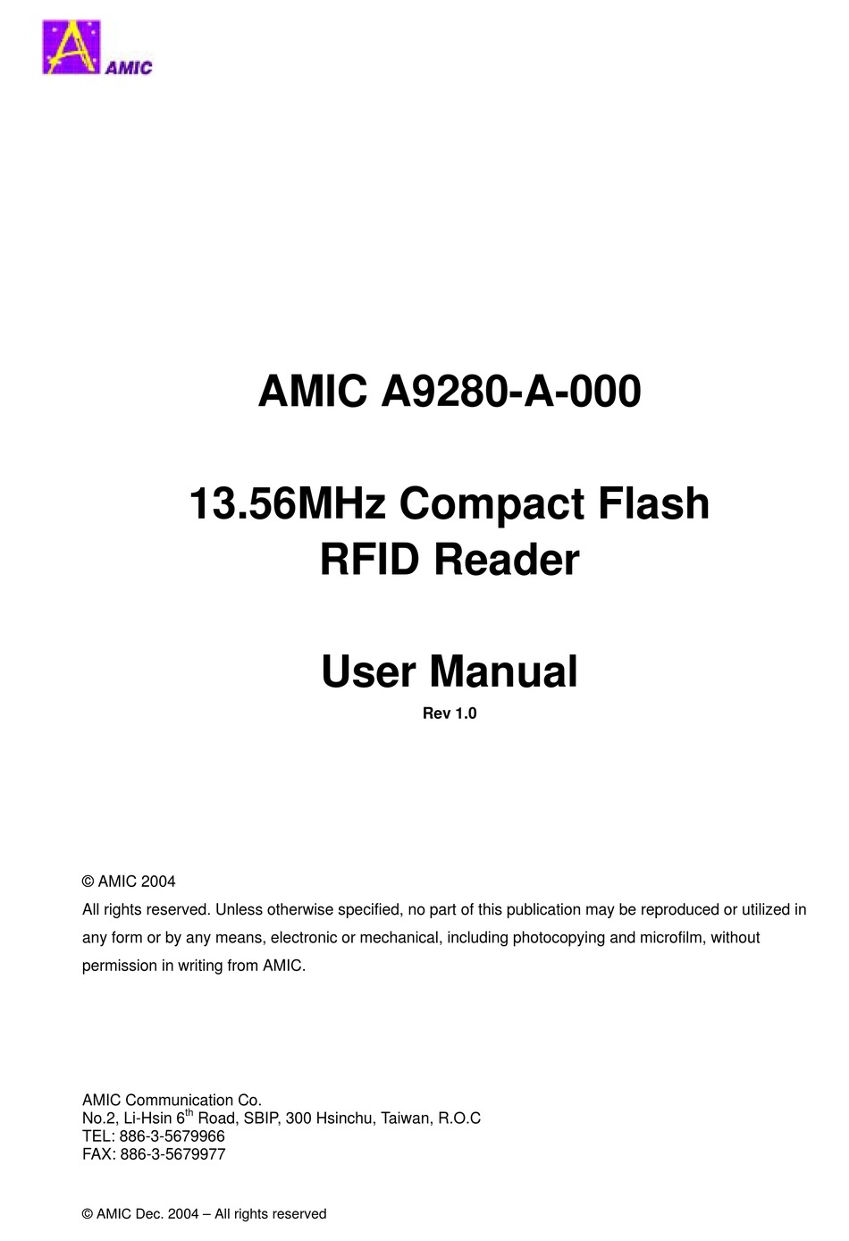 AMIC A9280A000 CARD READER USER MANUAL ManualsLib