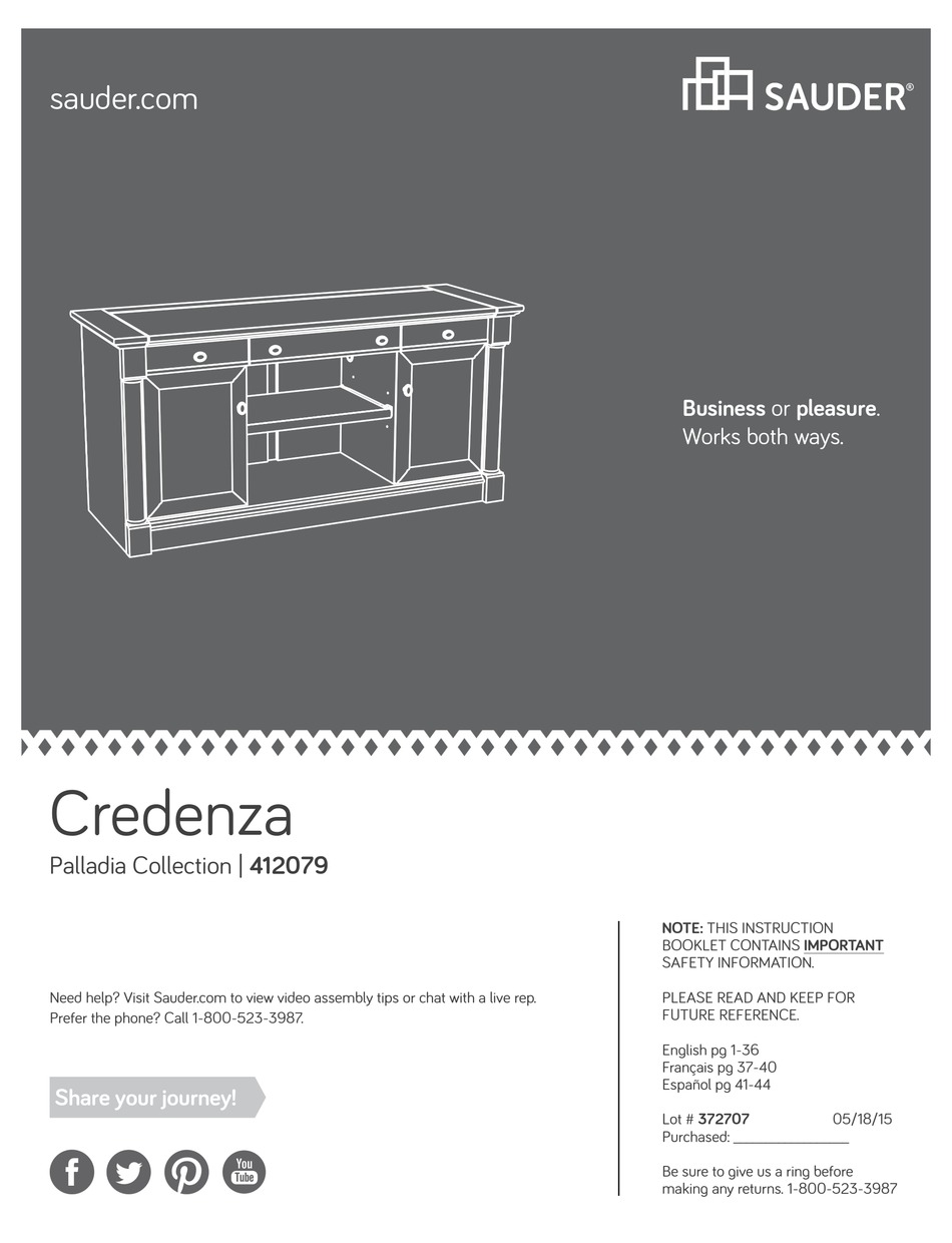 SAUDER PALLADIA COLLECTION CREDENZA 412079 INDOOR FURNISHING