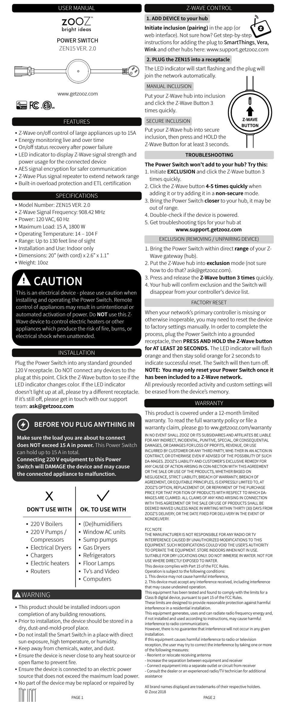 ZOOZ ZEN15 VER. 2.0 SWITCH USER MANUAL ManualsLib