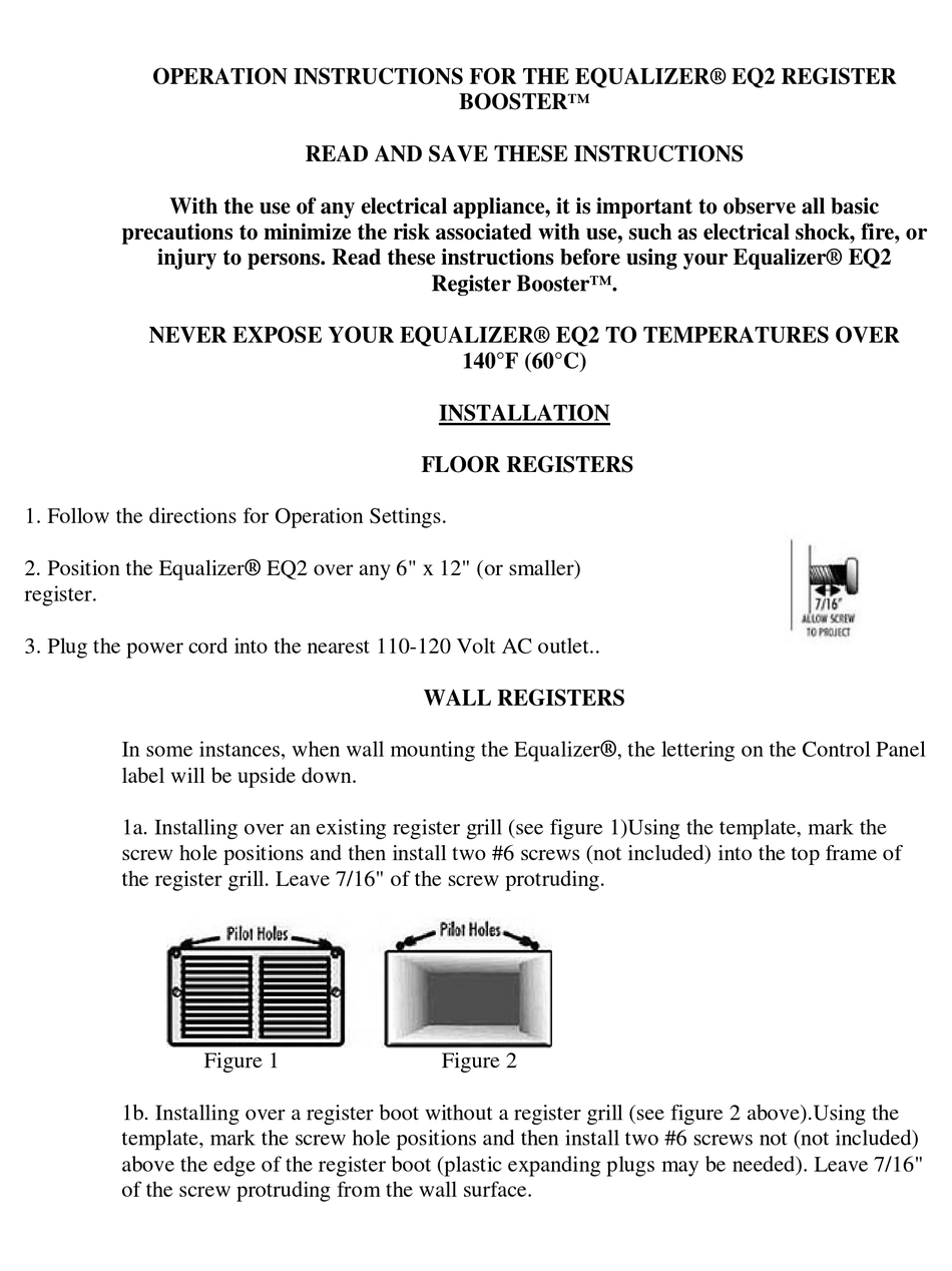 EQUALIZER REGISTER BOOSTER EQ2 HEATER OPERATION INSTRUCTIONS ManualsLib