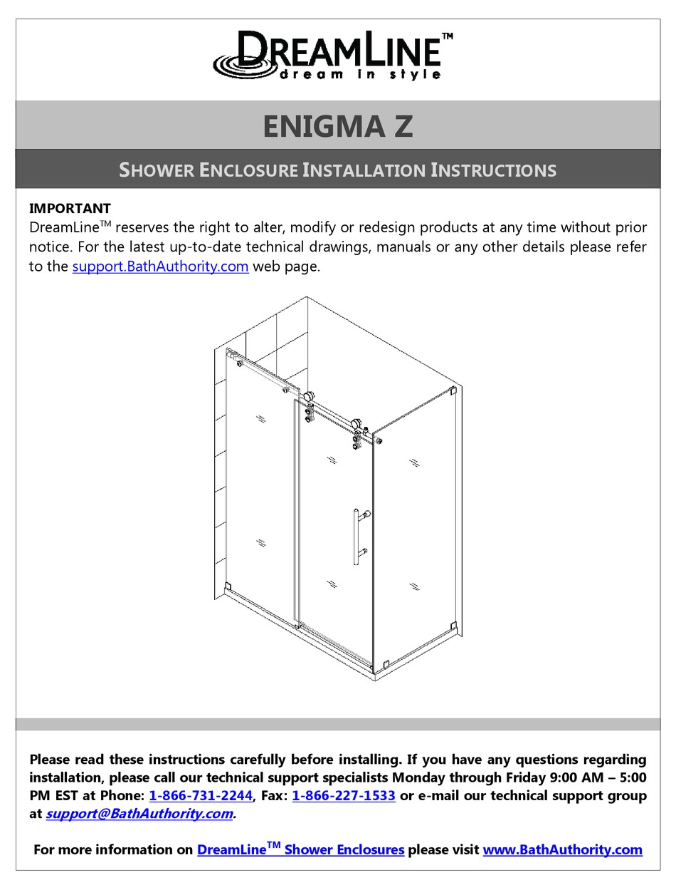 DREAMLINE ENIGMA Z INSTALLATION INSTRUCTIONS MANUAL Pdf Download