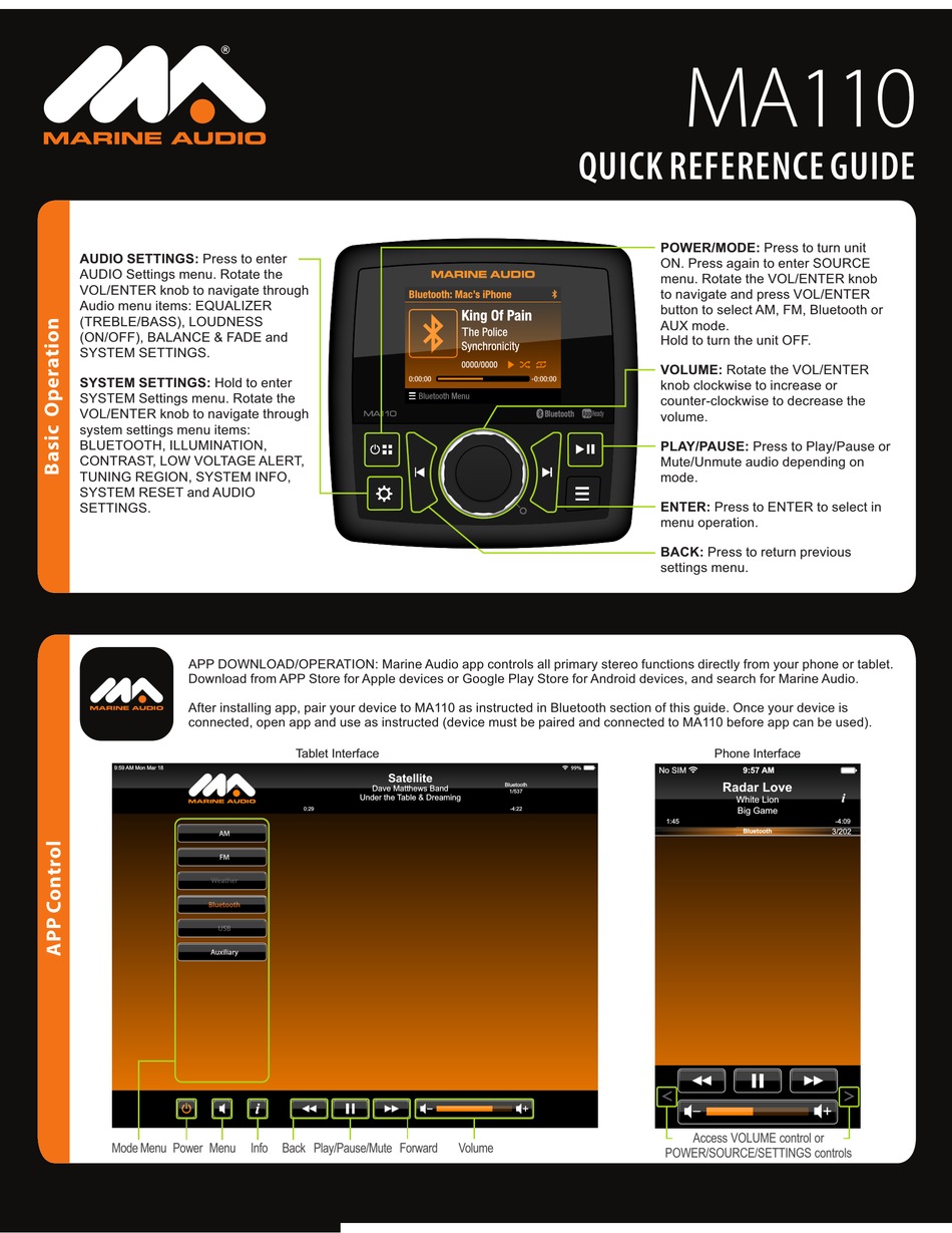 MARINE AUDIO MA110 MARINE AUDIO QUICK REFERENCE MANUAL ManualsLib