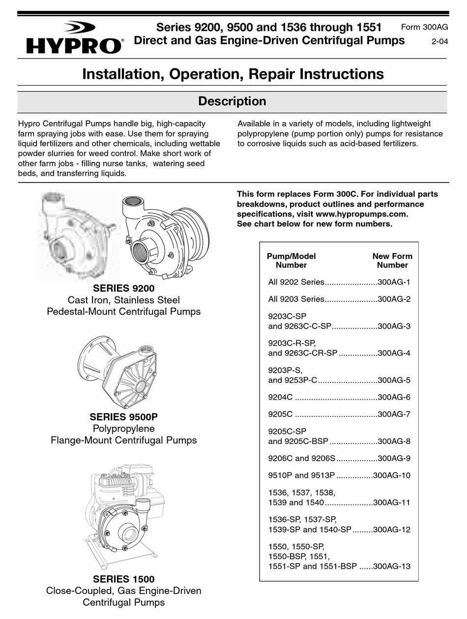 HYPRO 9200 SERIES WATER PUMP INSTALLATION, OPERATION, REPAIR