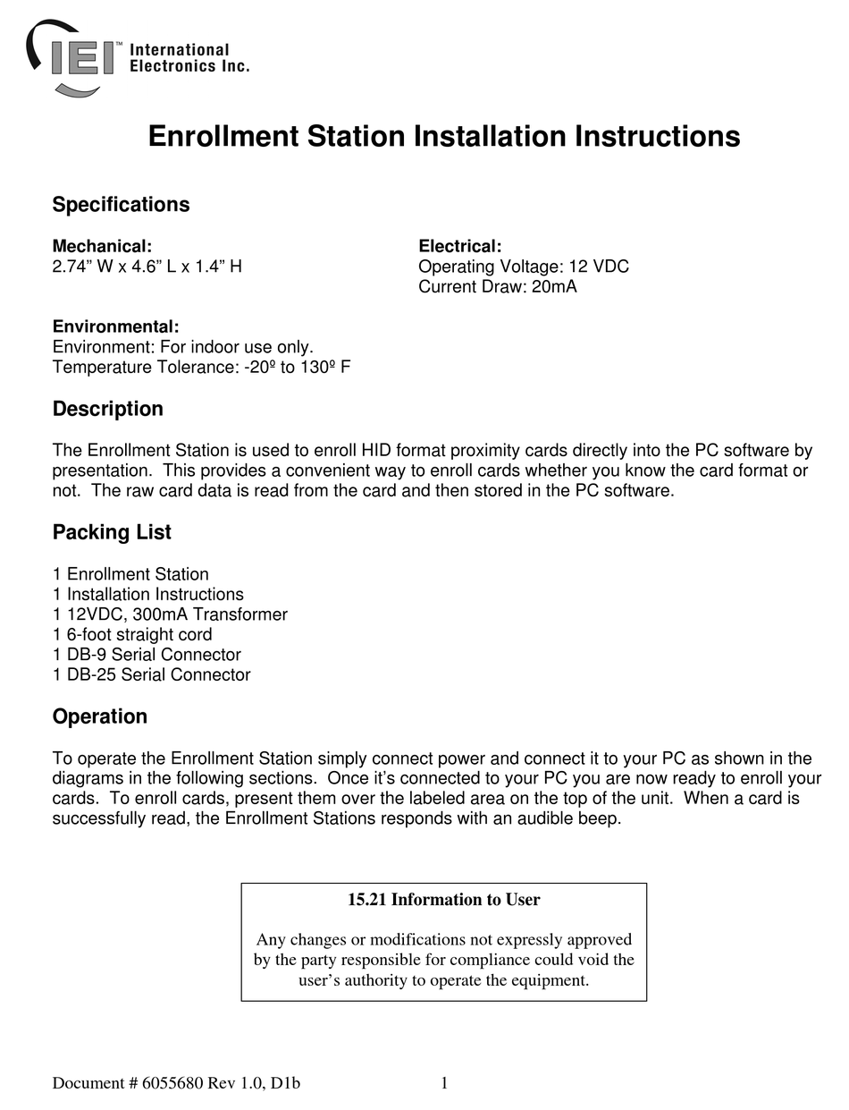 IEI TECHNOLOGY ENROLLMENT STATION CARD READER INSTALLATION INSTRUCTIONS
