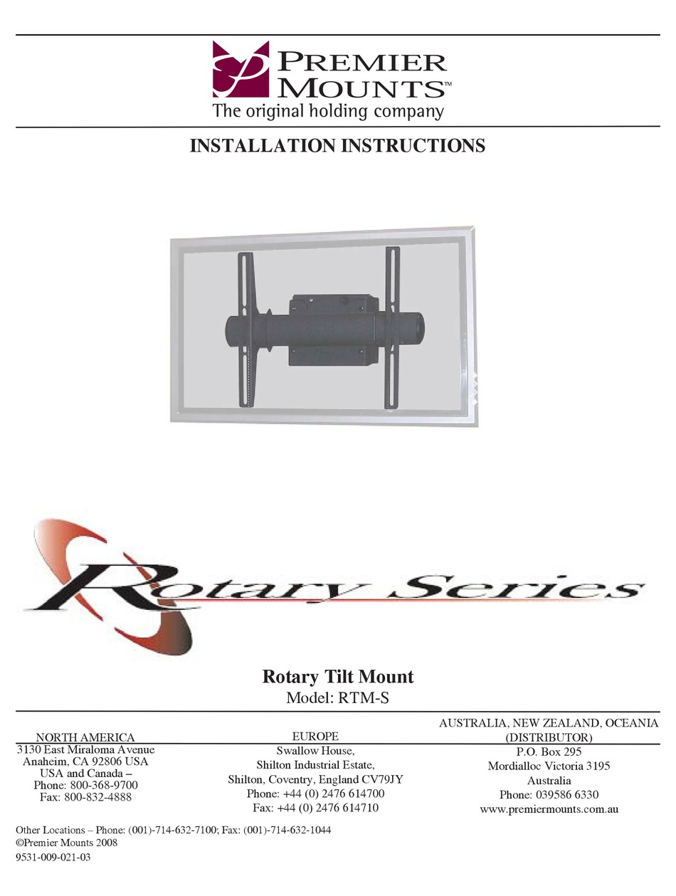 PREMIER MOUNTS ROTARY SERIES TV MOUNT INSTALLATION INSTRUCTIONS MANUAL