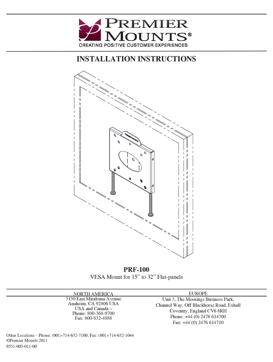PREMIER MOUNTS PRF100 TV MOUNT INSTALLATION INSTRUCTIONS MANUAL