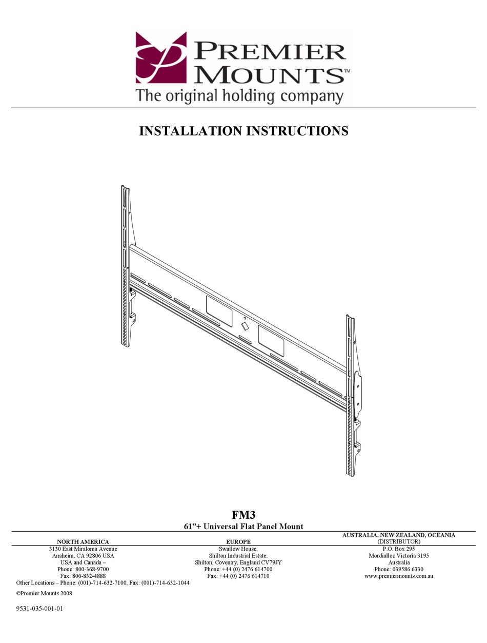 PREMIER MOUNTS FM3 TV MOUNT INSTALLATION INSTRUCTIONS MANUAL ManualsLib