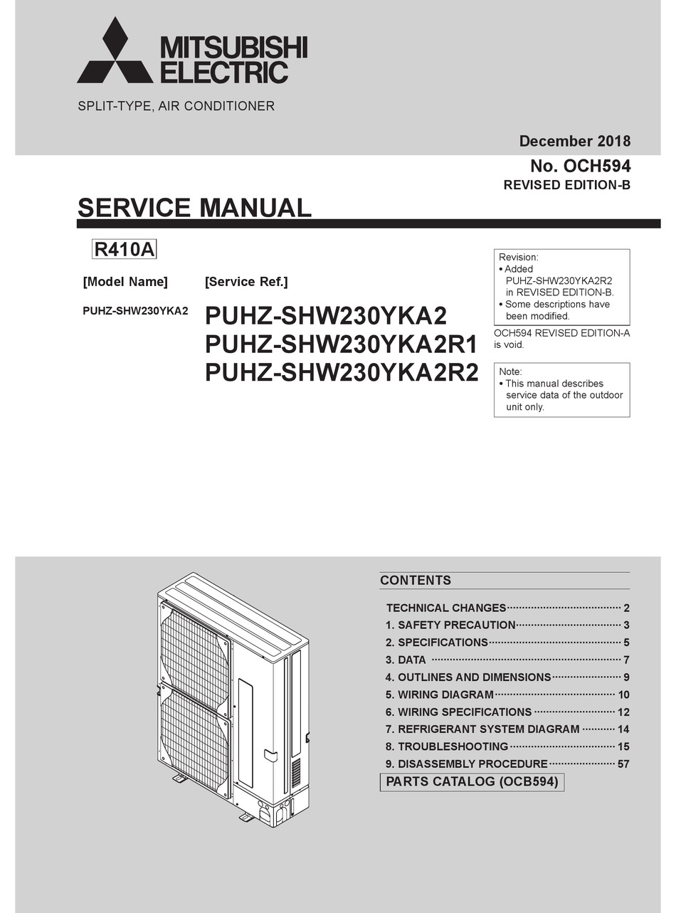 Mitsubishi Electric Puhz-Shw230Yka2 Air Conditioner Service Manual | Manualslib