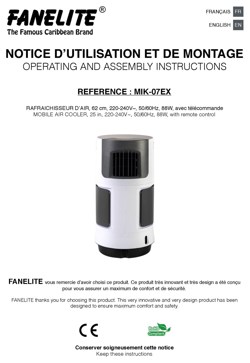 FANELITE MIK07EX AIR CONDITIONER OPERATING AND ASSEMBLY INSTRUCTIONS