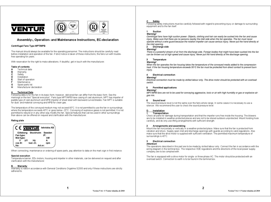 VENTUR MPT FAN ASSEMBLY, OPERATION AND MAINTENANCE INSTRUCTIONS ...