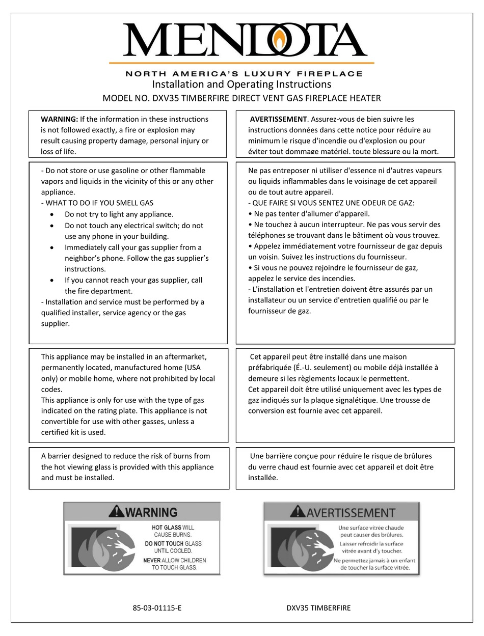 MENDOTA DXV35 TIMBERFIRE INSTALLATION AND OPERATING INSTRUCTIONS MANUAL