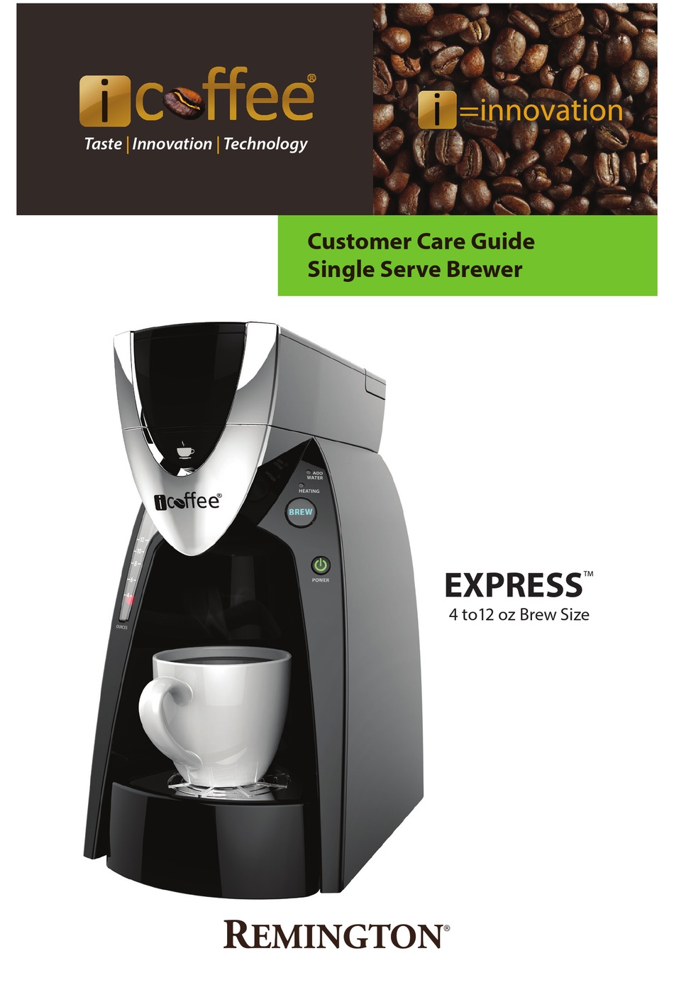 REMINGTON ICOFFEE EXPRESS CUSTOMER CARE MANUAL Pdf Download | ManualsLib