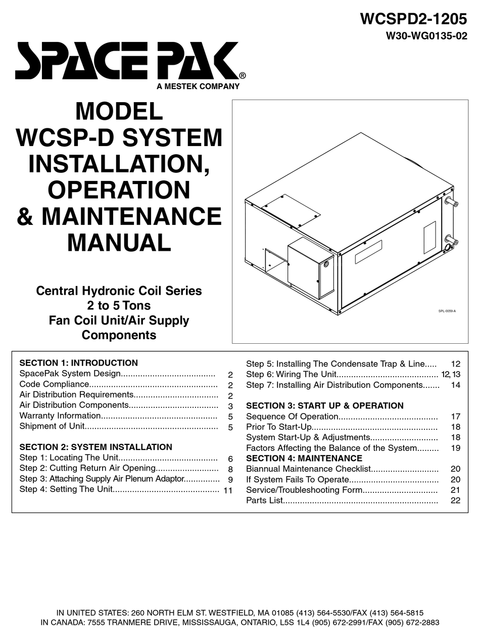 SPACEPAK WCSPD SERIES FAN INSTALLATION, OPERATION & MAINTENANCE MANUAL