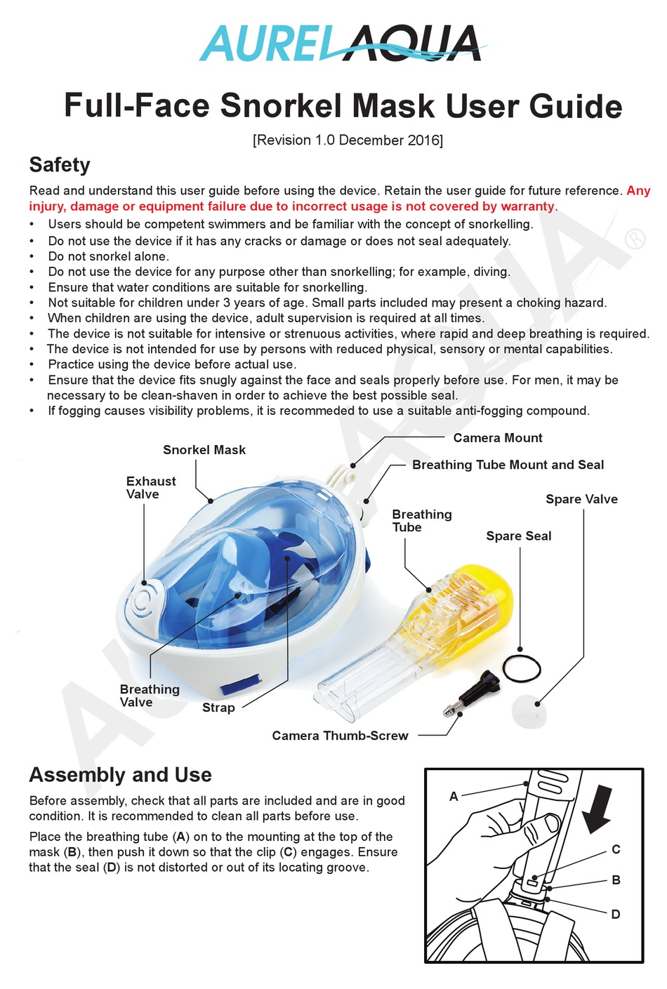 AURELAQUA FULLFACE SNORKEL MASK USER MANUAL Pdf Download ManualsLib