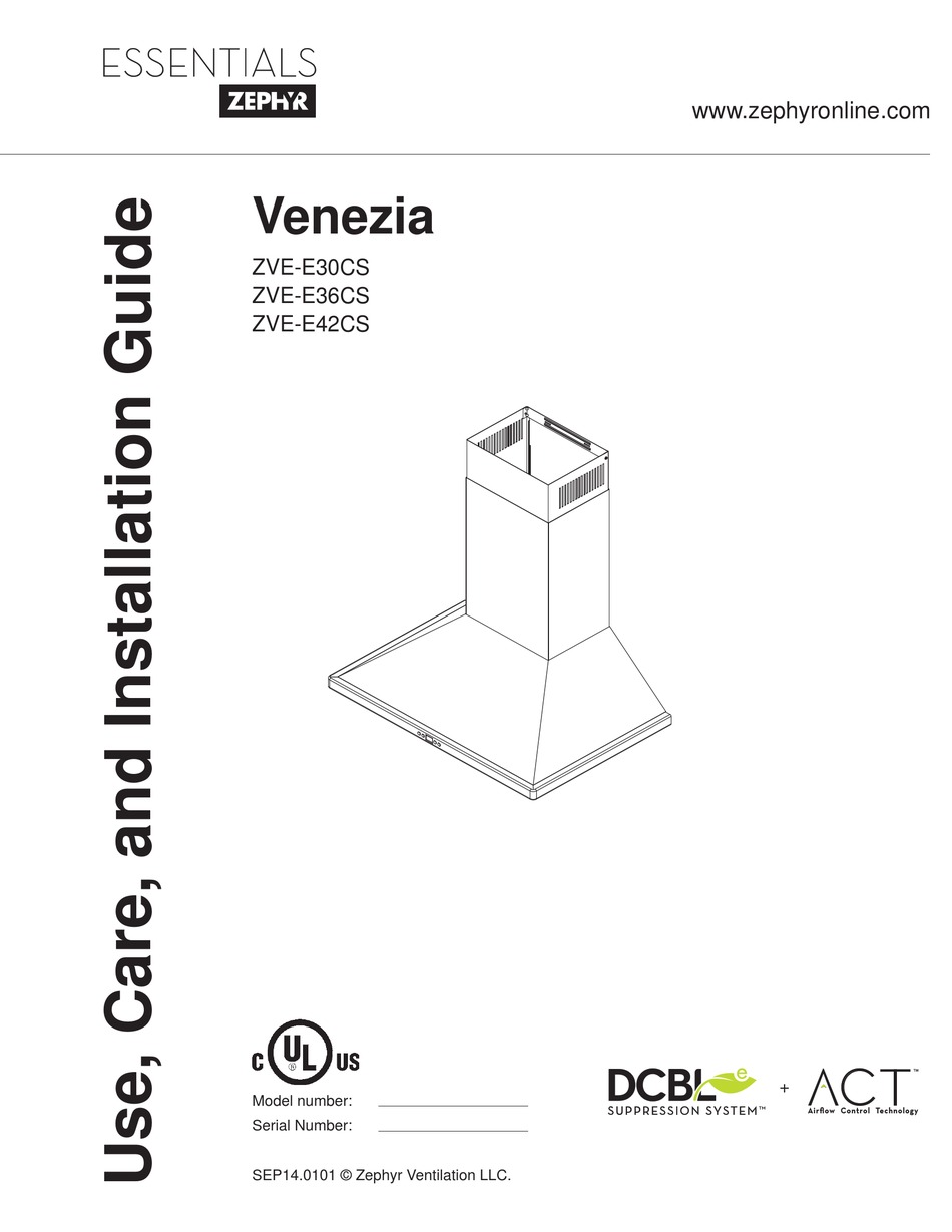ZEPHYR ESSENTIALS VENEZIA SERIES VENTILATION HOOD INSTALLATION MANUAL