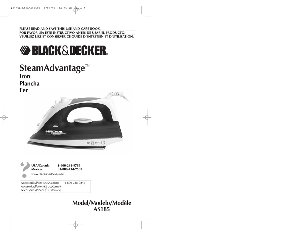 BLACK & DECKER STEAMADVANTAGE AS185 IRON USE AND CARE BOOK MANUAL