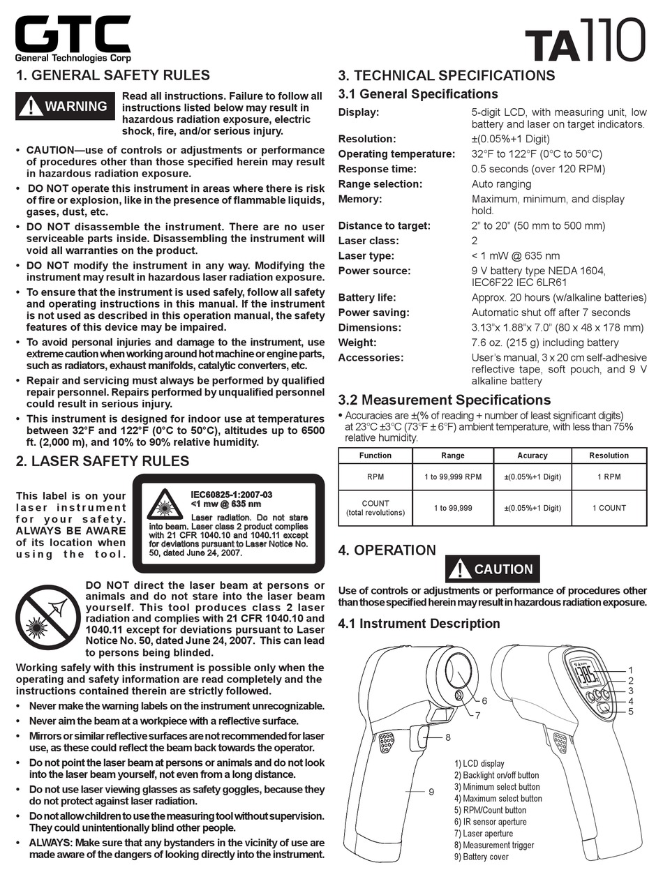 GTC TA110 MANUAL Pdf Download | ManualsLib