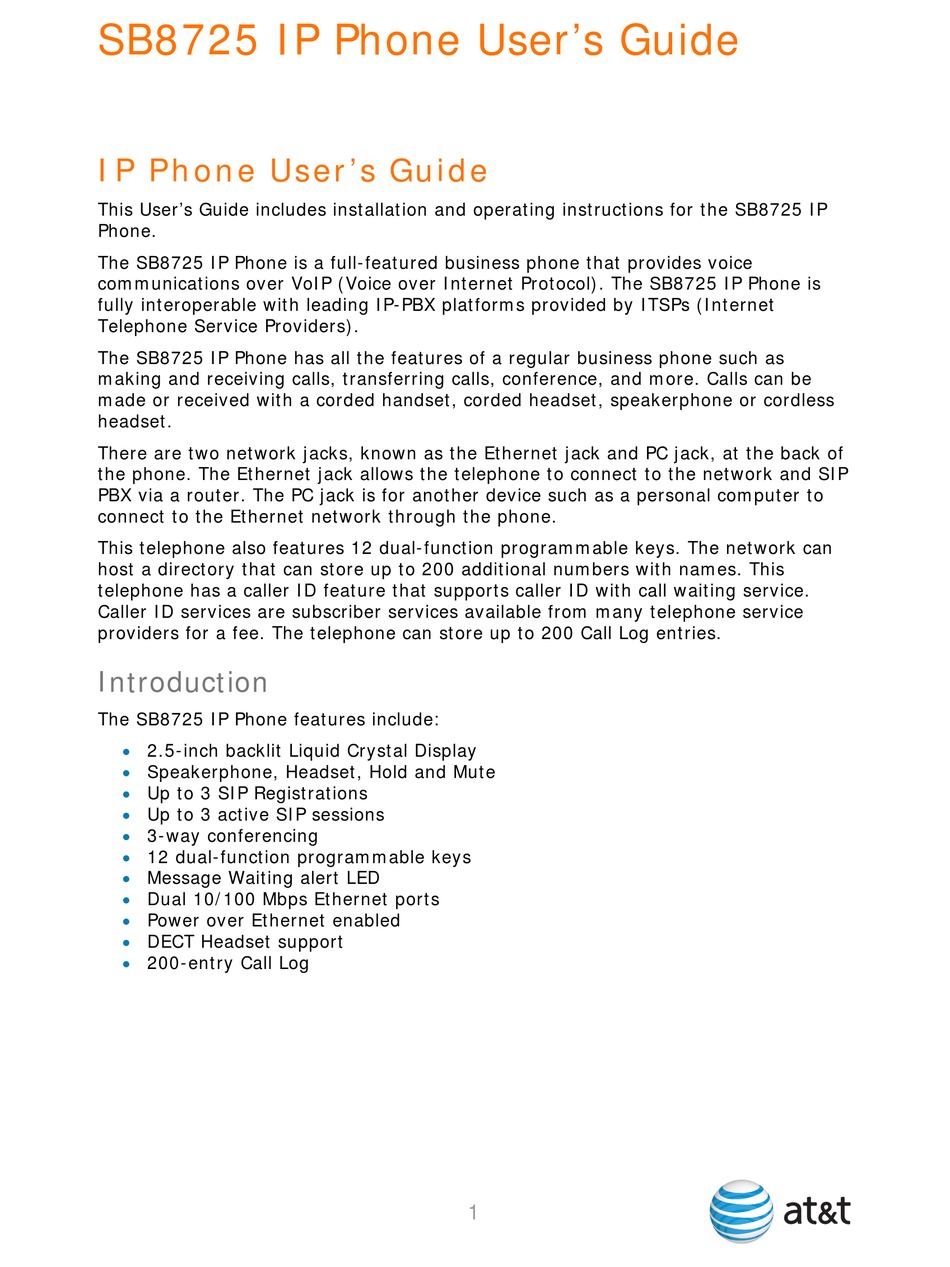 AT&T SB8725 IP PHONE USER MANUAL ManualsLib
