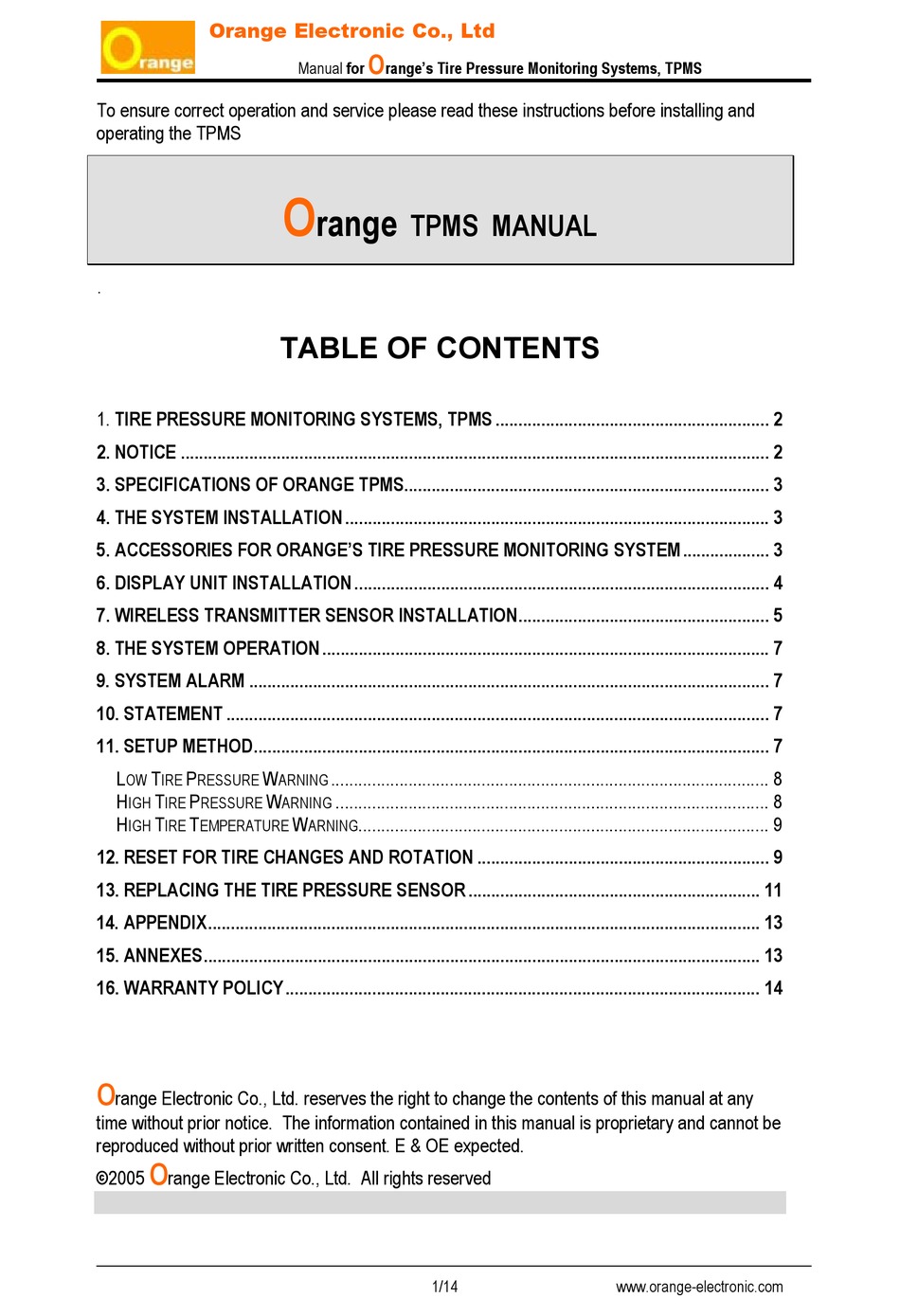 Orange Electronic TPMS