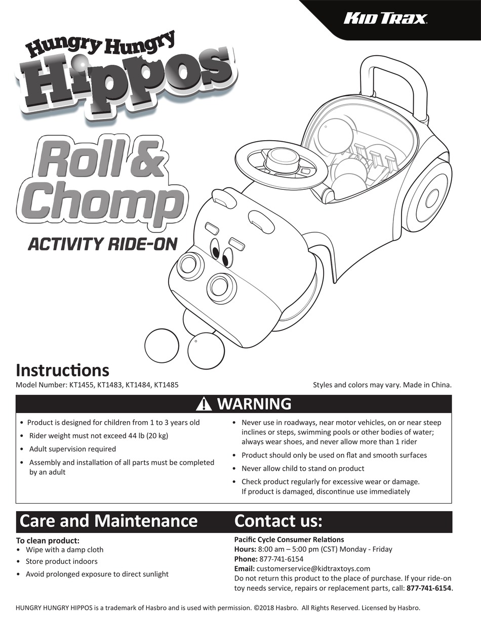 KID TRAX HUNGRY HUNGRY HIPPOS ROLL &amp; CHOMP KT1455 INSTRUCTIONS Pdf ...