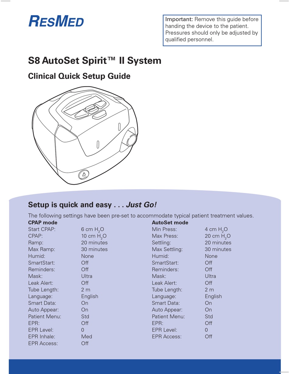 Resmed S8 Autoset Spirit Ii System Quick Setup Manual Pdf Download Manualslib