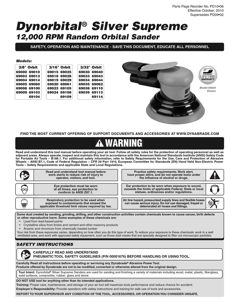 DYNORBITAL SILVER SUPREME SANDER SAFETY, OPERATION AND MAINTENANCE MANUAL ManualsLib
