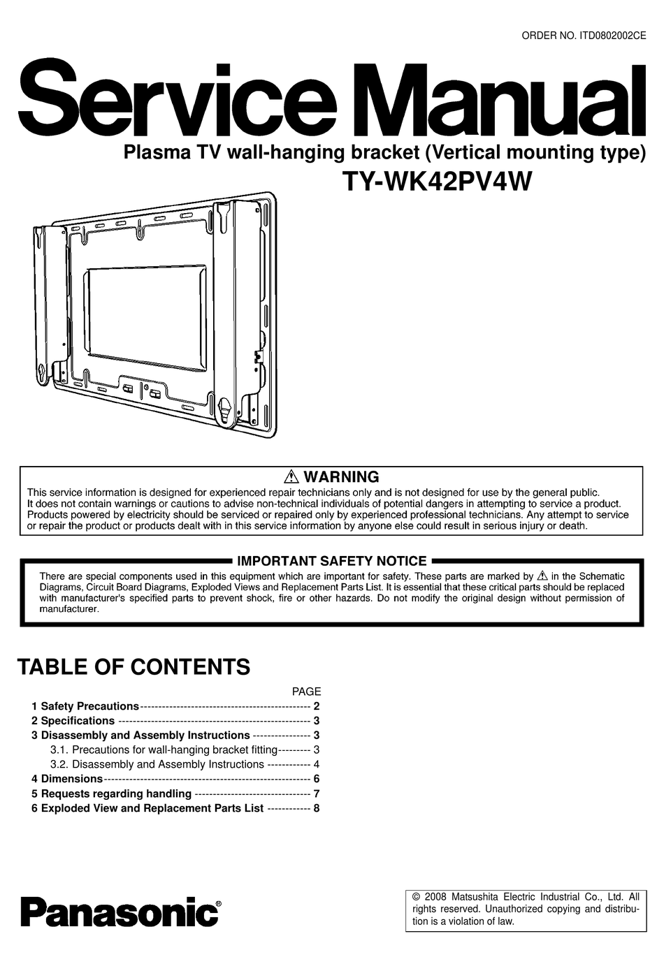 PANASONIC TY-WK42PV4W TV MOUNT SERVICE MANUAL | ManualsLib