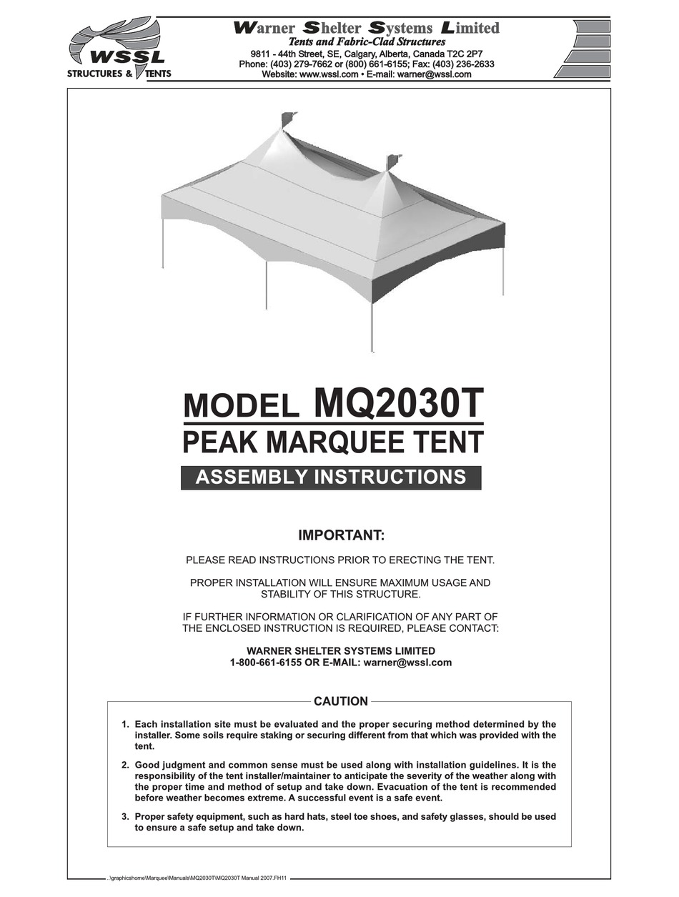WARNER SHELTER SYSTEMS LIMITED MQ2030T TENT ASSEMBLY INSTRUCTIONS