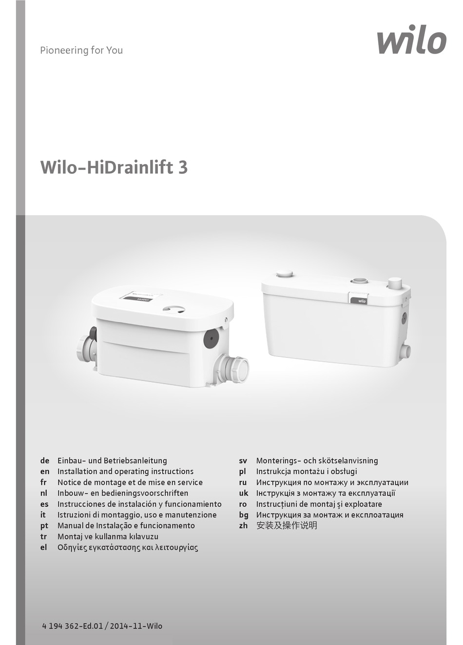 WILO HIDRAINLIFT 3 SERIES WATER PUMP INSTALLATION AND OPERATING ...