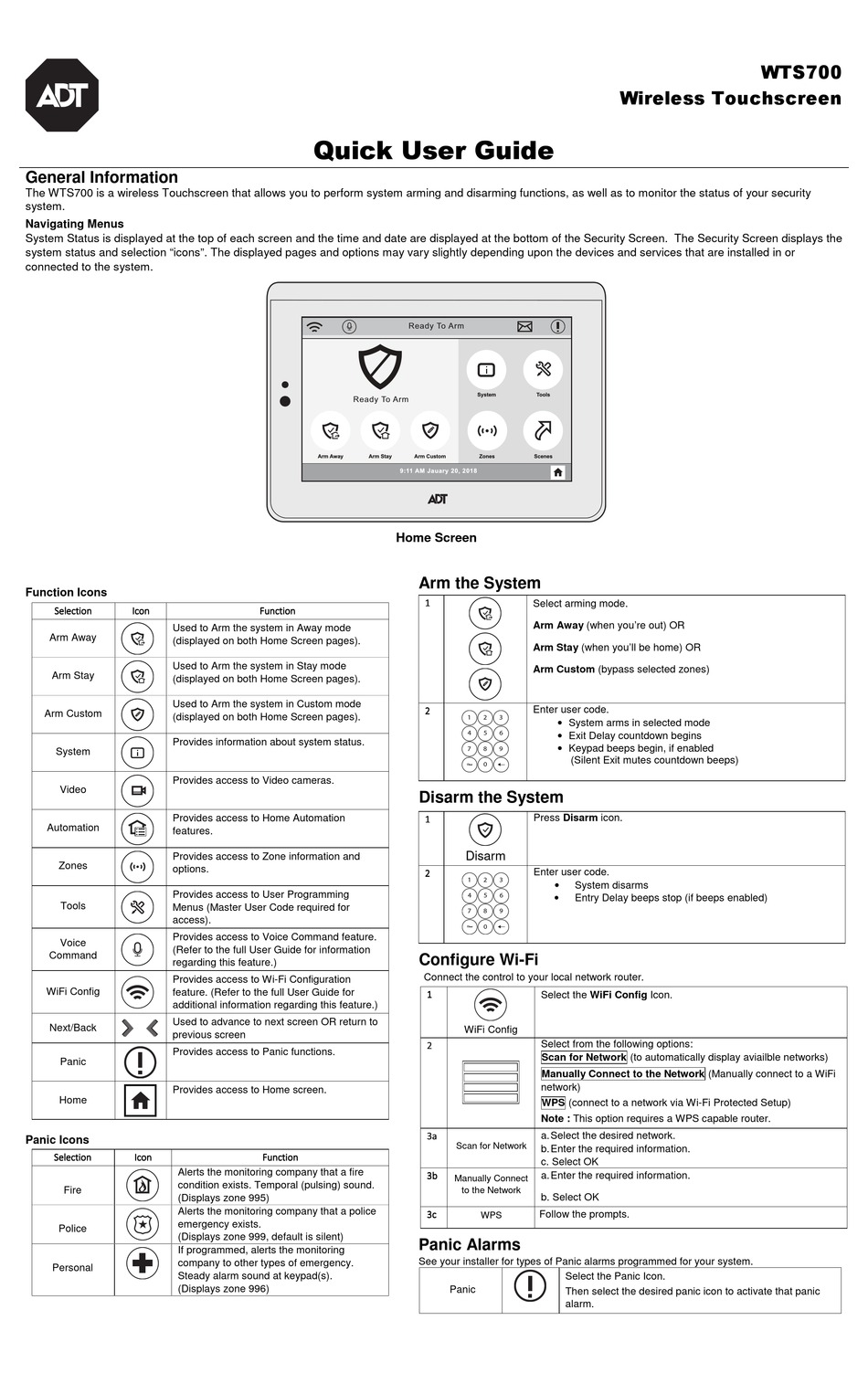 ADT WTS700 TOUCHSCREEN QUICK USER MANUAL | ManualsLib