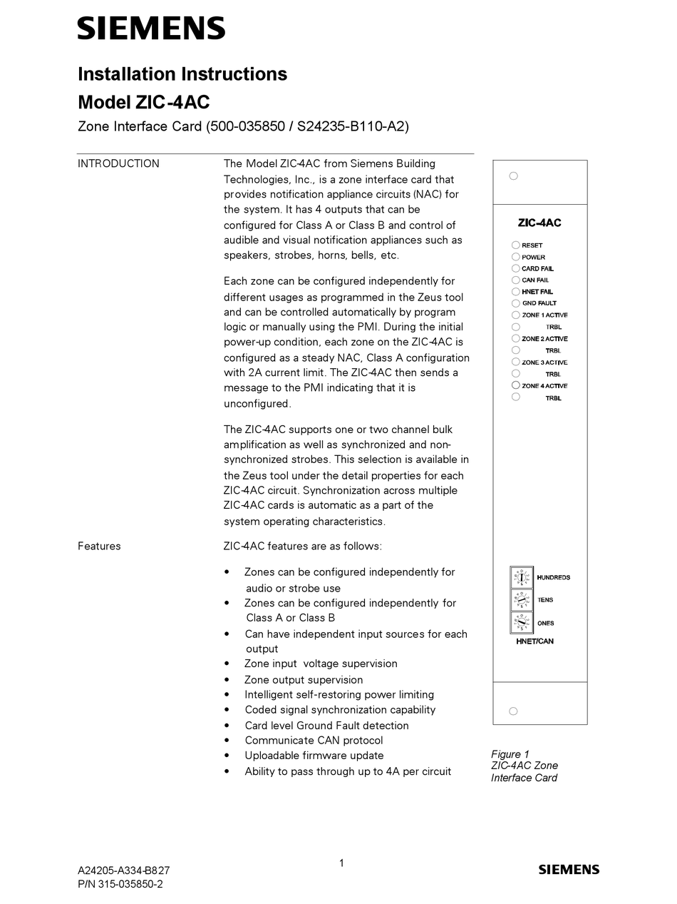 SIEMENS ZIC4AC INSTALLATION INSTRUCTIONS MANUAL Pdf Download ManualsLib